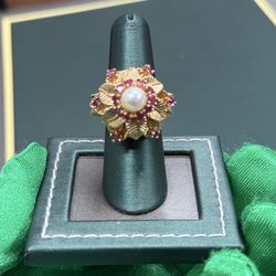 Ruby , Diamond and pearl palm tree hand crafted gold ring