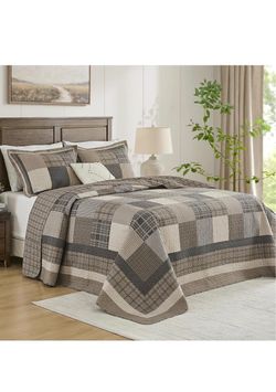 FineStichery Oversized King Bedspread - 120Lx128W Extra Wide Plaid Bed Spread 100% Cotton Lightweight Farmhouse Vintage California Quilt - Reversible