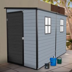 4x8ft Outdoor Resin Garden Shed with Floor and 2 Windows, Plastic Patio Outdoor Storage Shed with Lockable Door for Garden Tools, Bicycles, Trash Cans