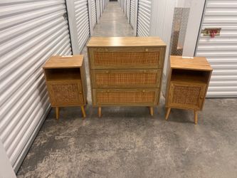 Wooden Rattan 3 Drawer Dresser & 2 Nightstands Set