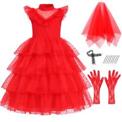 Beetlejuice Bride Red Wedding Dress Size Girls 5  Character Cosplay Outfit With Veil Gloves