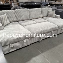 120” Large sectional, Sectional sofa With Pull-out Bed, Sofabed, Sofa Bed, Sectional Couch, Corduroy Sectional,Plush Sectional Large Couch, Gray Sofa 