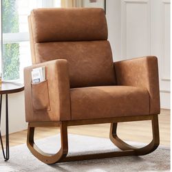 Leather Glider Chair, Modern Rocking Chair, Nursery Faux Leather Glider Chair with Rubber Wood Legs and Side Pocket, Rocking Accent Armchair for Livin
