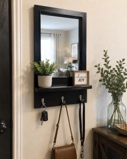 Black Entryway Mirror with Shelf & 3 Hooks