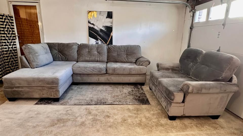 Gray Suede Sofa Set: 3-Seater Sectional Sofa And 2-Seater Loveseat Seat