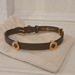 Brand New Tory Burch Britten Brown Enamel Single Wrap Leather Bracelet