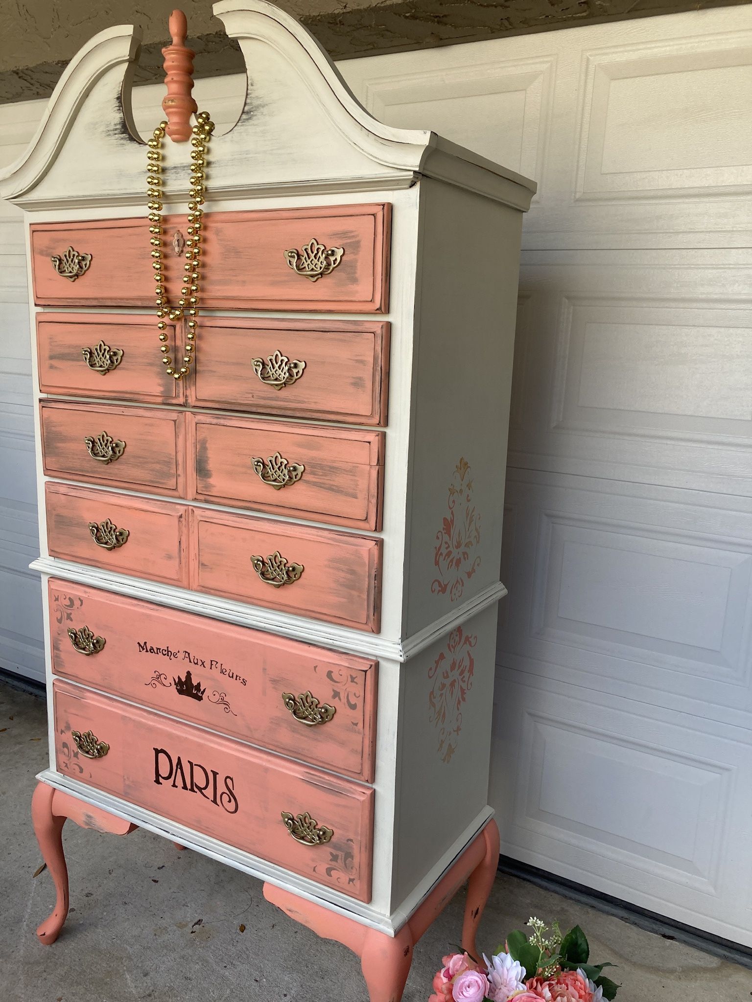 Pretty Tall Boy Dresser In Coral Distressed French Provincial