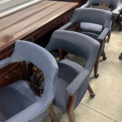 4 Blue Cloth Antique Chairs In Excellent Shape Each For 