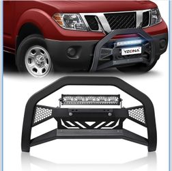 Bull Bar with LED Light Bar & License Plate Frame Compatible for 2005-2021 Nissan Frontier & 2005-2007 Pathfinder & 2005-2015 Xterra Front Grill Guard