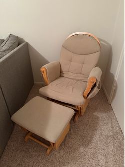 Wood Glider /rocking chair with ottoman - beige cushions and side pockets