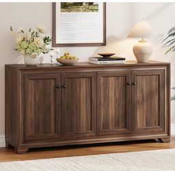 ONBRILL 60" Buffet Cabinet with Storage, 4 Doors & Adjustable Shelves Brown Credenza Sideboard Cabinets Wood with Adjustable Shelves, Modern Kitchen C