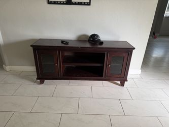 Dark Wood TV Stand with Glass Door Cabinets