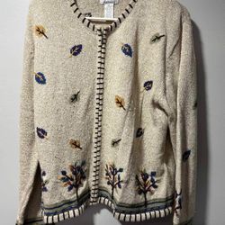 Christopher and Banks Sweater Fall Leaf Tree Embroidered Scene Zip Up Knit Cardigan Womens XL