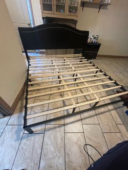 Black Upholstered Bed Frame with Nailhead Headboard