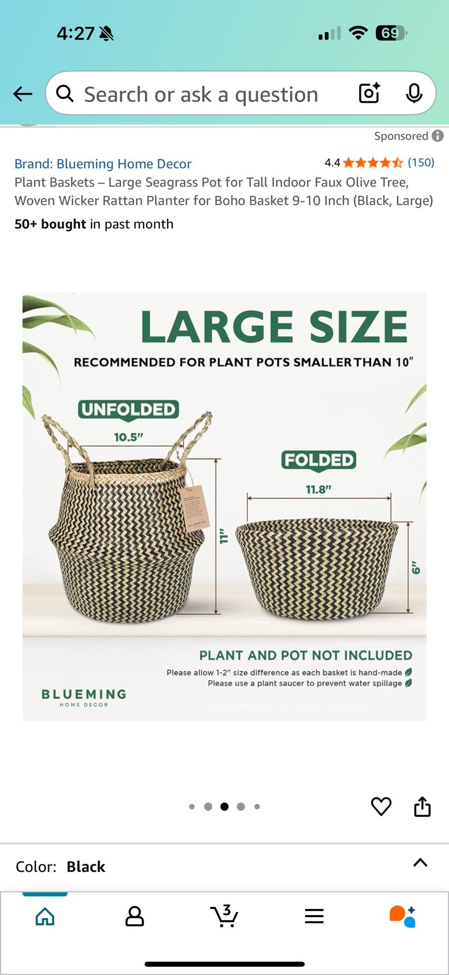 Plant Baskets – Large Seagrass Pot for Tall Indoor Faux Olive Tree, Woven Wicker Rattan Planter for Boho Basket 9-10 Inch (Black, Large)