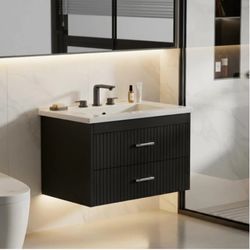Modern Black Wall-Mounted Bathroom Vanity with 2 Drawers