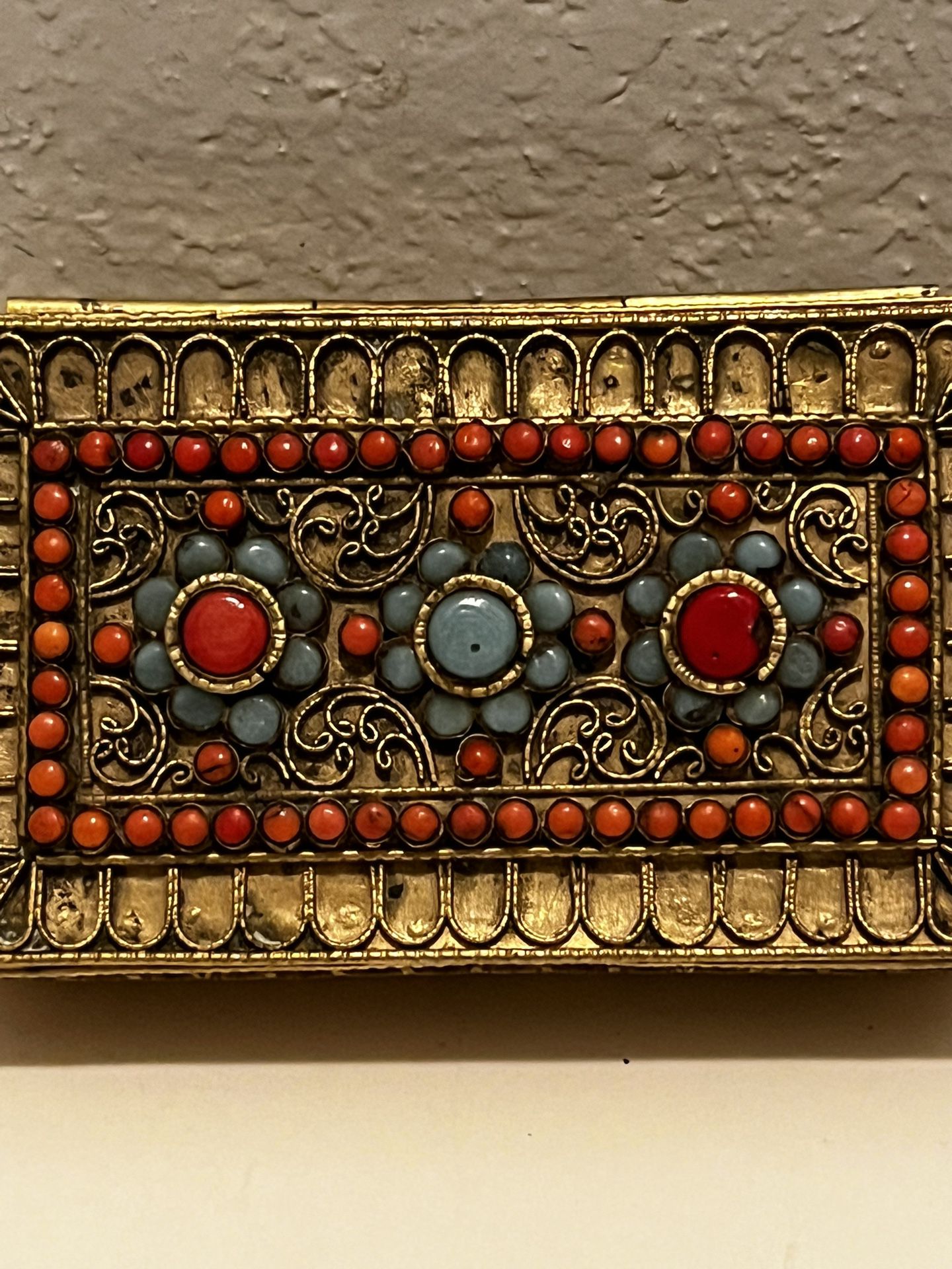 Antique Tibetan Gilded Box with Inlaid Ornate Turquoise & Coral Flower on Lid 
