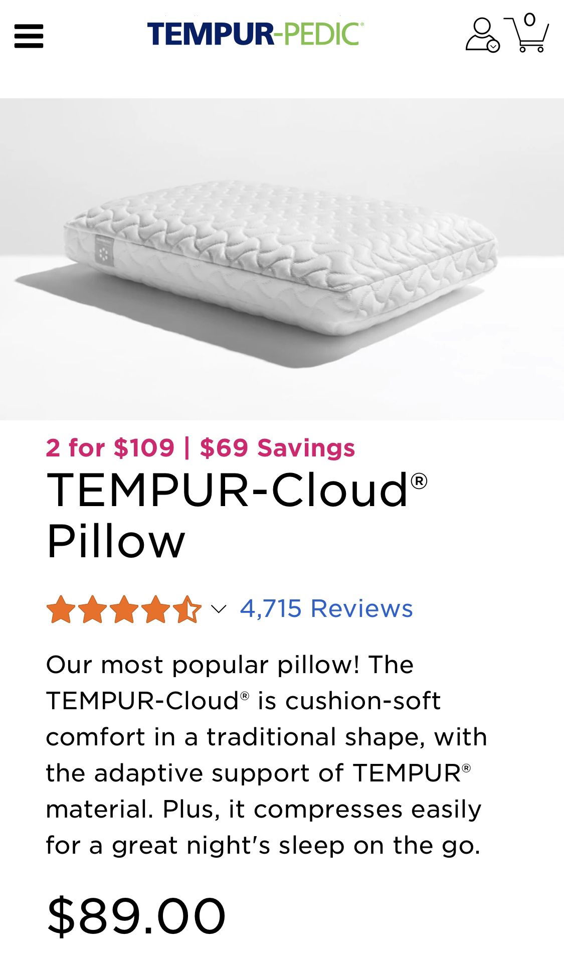 Tempurpedic Cloud Pillow *NEW* x 2