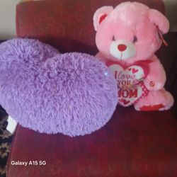 Pink Plush Bear Plus Purple Heart Pillow