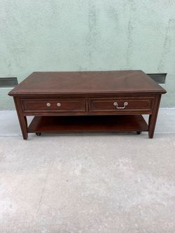 Wood Coffee Table with Drawers and Shelf