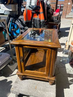 Wood End Table with Glass Top and Cabinet Door