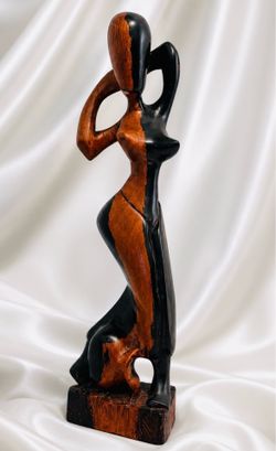 15” Original Vintage Fine Art Mid-Century Modern AFRICAN WOMAN Ebony Exotic Wood Solid Hard Sculpture Statue Black Figure Cameroon Africa Fertility Co