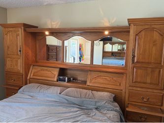 Solid Oak Bed Headboard & Side Cabinets