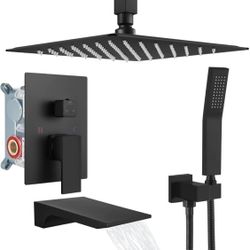 Matte Black Shower System with 12-Inch Rain Showerhead and Tub Spout cUPC-certified pressure balance brass valve to prevent scalding, CEC-certified ai