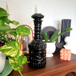 Vintage 1970s Black Glass Bottle with Stopper