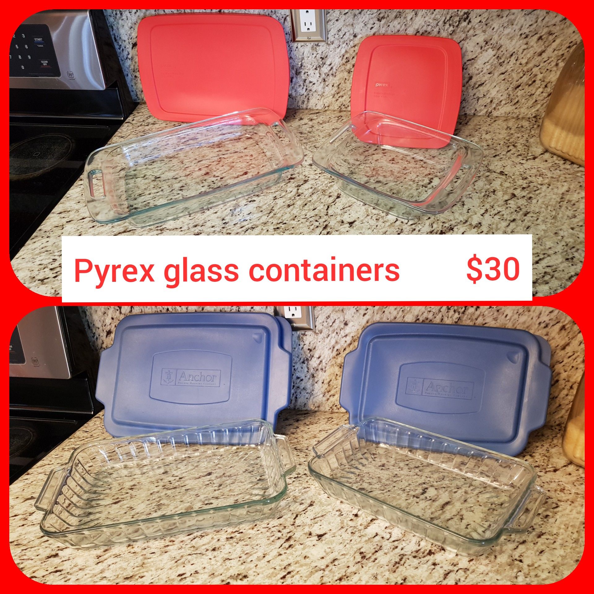 Pyrex glass containers , casserole dishes