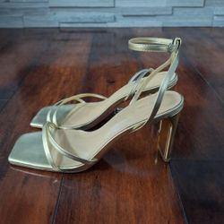 Tony Bianco Gold Strappy Square Toe Heels Size 7 Minimalist Ankle Strap Stiletto