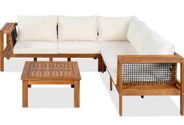 New Assembled Outdoor Acacia Wood L-Shaped Sofa Furniture Set w/ Coffee Table Woven Mesh Armrests