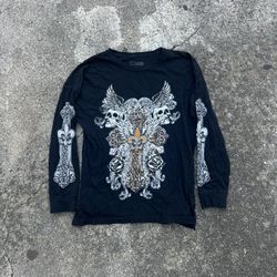 Thirty Single Skull Angel Shirt Long Sleeve Small Y2K Black 