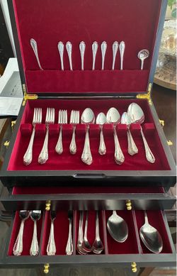 Vintage Nakazato Japan Nickel Silver Plated Feather Tip Pattern Silverware+Storage Chest, Set of 69