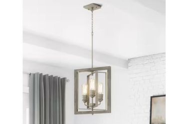 Palermo Grove 14 in. 3-Light Antique Nickel Farmhouse Pendant with Painted Weathered Gray Wood 