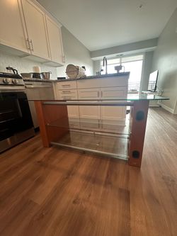 Glass TV Stand 3 Shelves Wood Frame Aluminum Rails