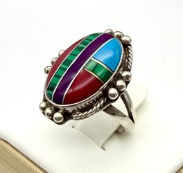 Vintage sterling silver 925 Mexico ring Mosaic Inlay multicolor size # 5