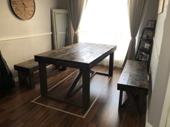 Brown dining table w/ two benches