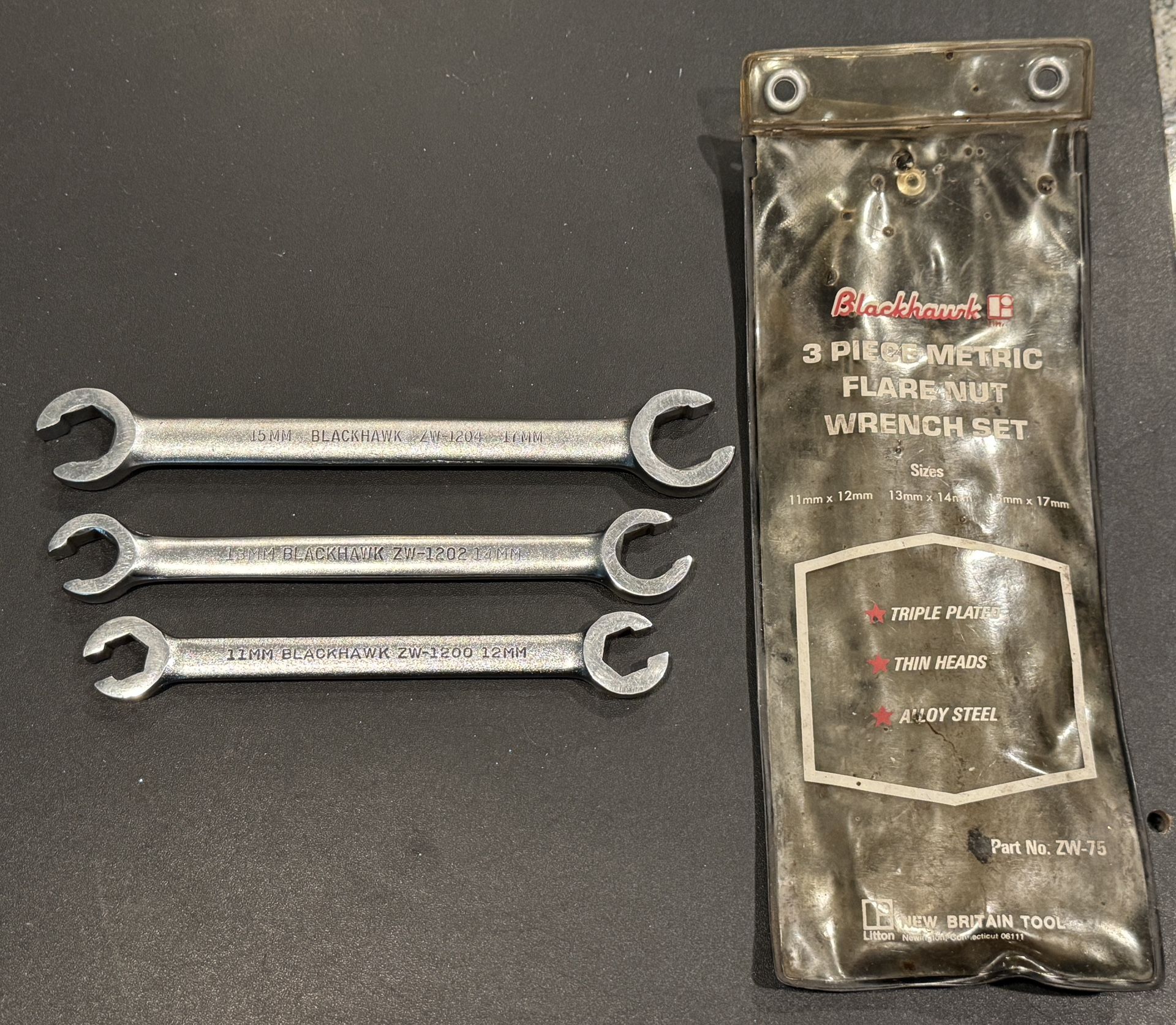 Blackhawk tools Metric Flare nut wrench set zw-75. 11 x 12mm, 13 x 14mm, & 15 x 17mm. Htf 3 pc set with original pouch.