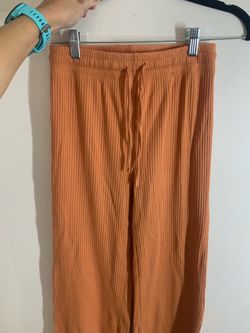 Orange Ribbed Wide-Leg Drawstring Pants