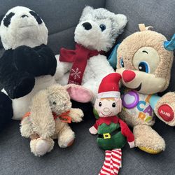 Set Of 5 Plush Toys Panda Husky Puppy Bunny Christmas Elf