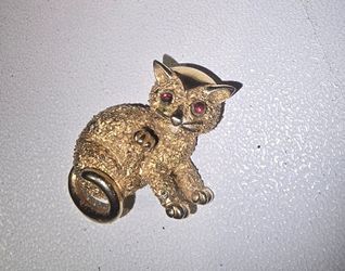 Gold-Tone Cat Brooch with Red Crystal Eyes