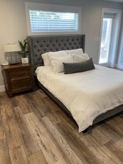 Dark Gray Upholstered Low Profile Platform Bed Frame With Mattress
