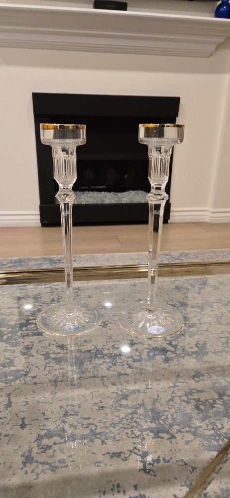 Two Brand New Crystal Candle Holders With Gold Trim