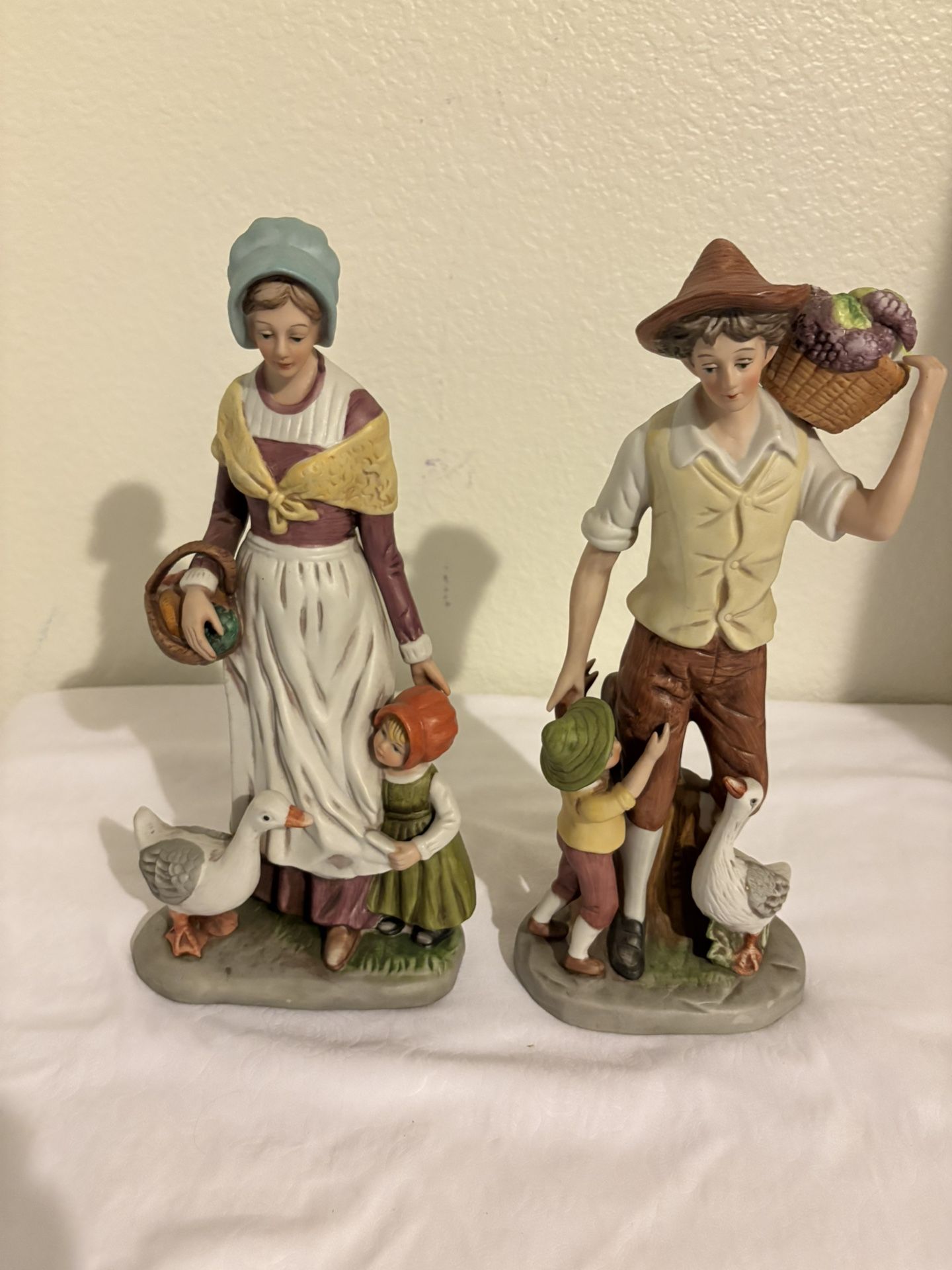 Vintage Pair Young Farm Family Figurines Mother Father Children Geese