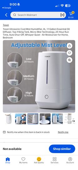 Tosot Ultrasonic Cool Mist Humidifier, 4L, 1.1 Gallon Essential Oil Diffuser, Top-Filling Tank, Micro-Mist Technology, 24-Hour Run Time, Auto Shut-Off