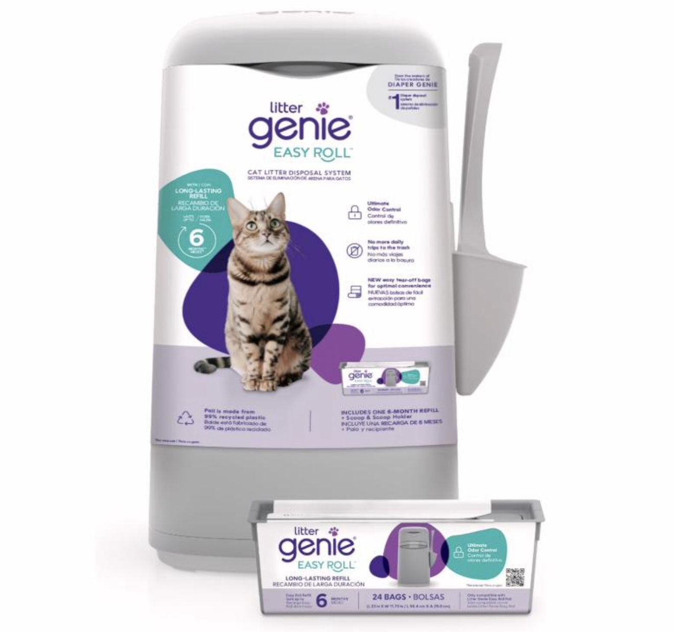 Litter Genie Easy Roll Pail Cat Litter Waste Disposal with 1 Roll of 24 Easy Tear Off Bags