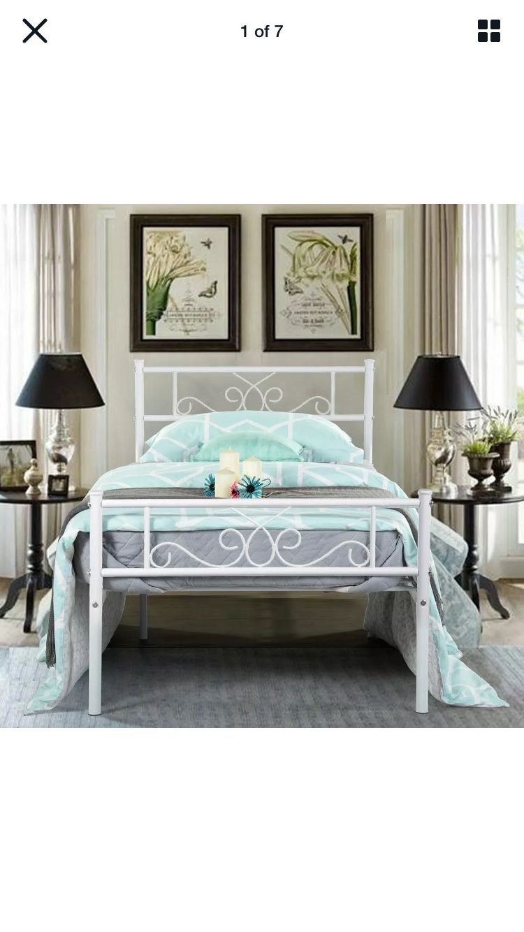 Twin Size Metal Bed Frame White Mattress Foundation with Headboard Footboard