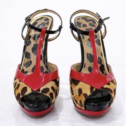 Gianni Bini Leopard T-Strap Platform Heels Red & Black