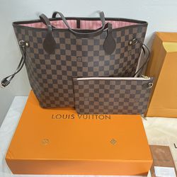 New Authentic Louis Vuitton Damier Ebene Rose Pink/Ballerine Interior MM Neverfull Handbag   